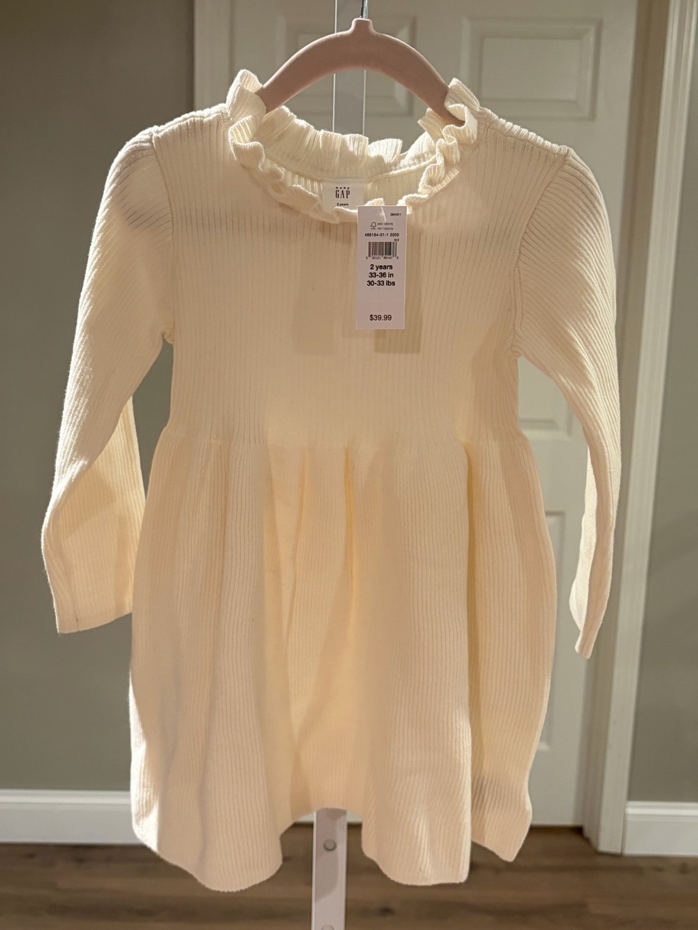 GAP Cream Ribbed Ruffle-Neck Long-Sleeve Dress